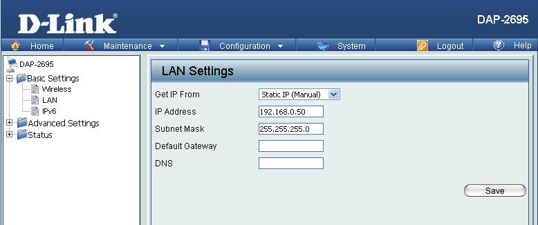 LAN LAN is short for Local Area Network. This is considered your internal network. These are the IP settings of the LAN interface for the DAP-2695.