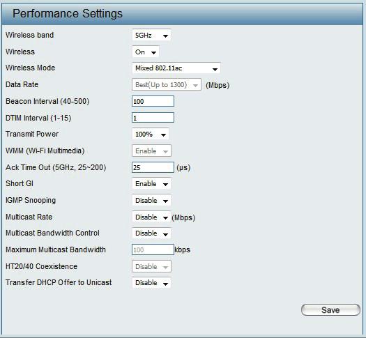 Performance On the Performance Settings page the users can configure more advanced settings concerning the wireless signal and hosting. Wireless Band: Wireless: Select either 2.4GHz or 5GHz.