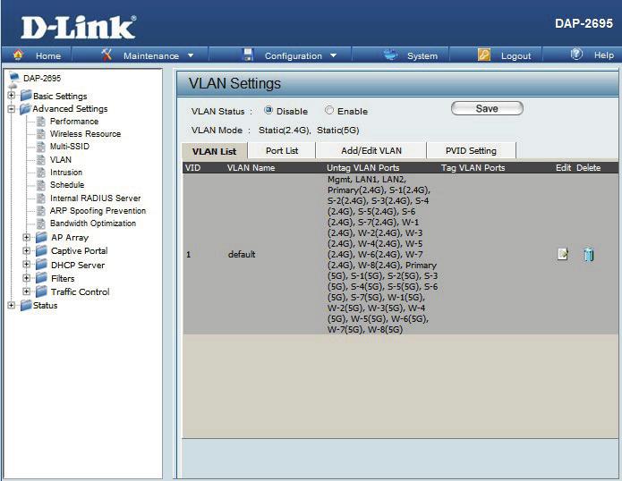 VLAN VLAN List The DAP-2695 supports VLANs. VLANs can be created with a Name and VID.