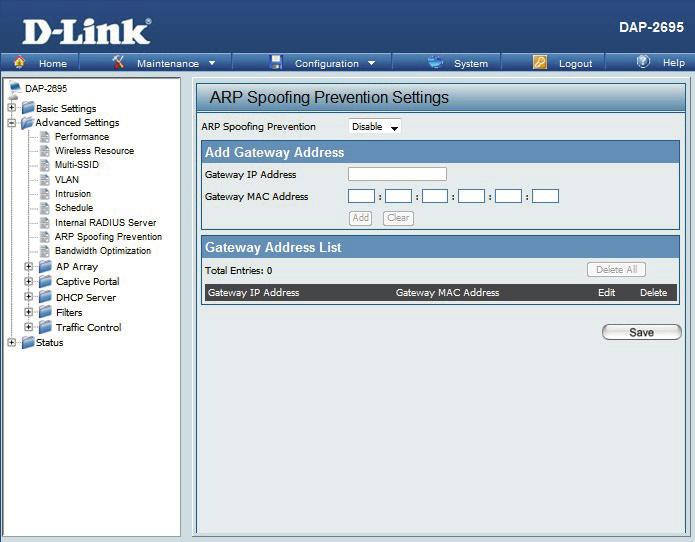 ARP Spoofing Prevention The ARP Spoofing Prevention feature allows users to add IP/MAC address mapping to prevent arp spoofing attack.
