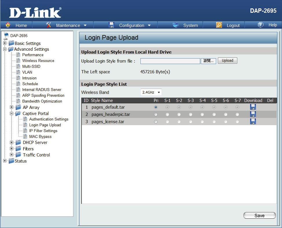 Login Page Upload In this window, users can upload a custom login web page that will be used by the captive portal feature.