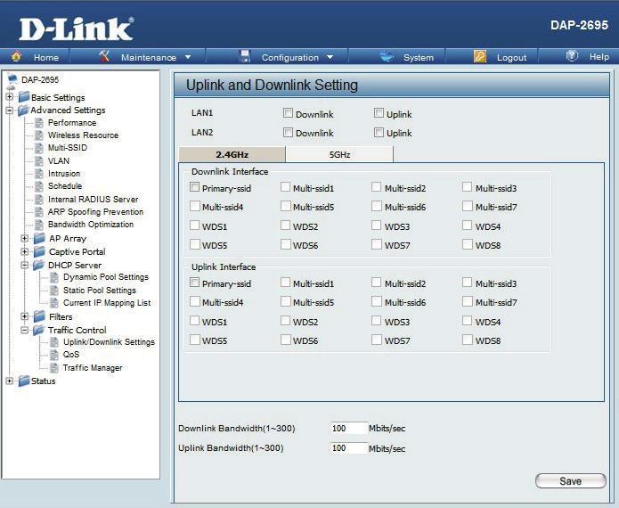 Traffic Control Uplink/Downlink Setting The uplink/downlink setting allows users to customize the downlink and uplink interfaces including specifying downlink/uplink bandwidth rates in Mbits per