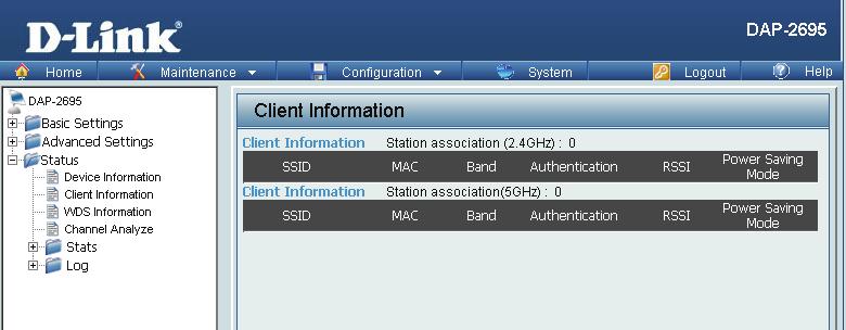 Client Information This page displays the associated clients SSID, MAC, band, authentication method, signal strength, and power saving mode for the DAP-2695 network.