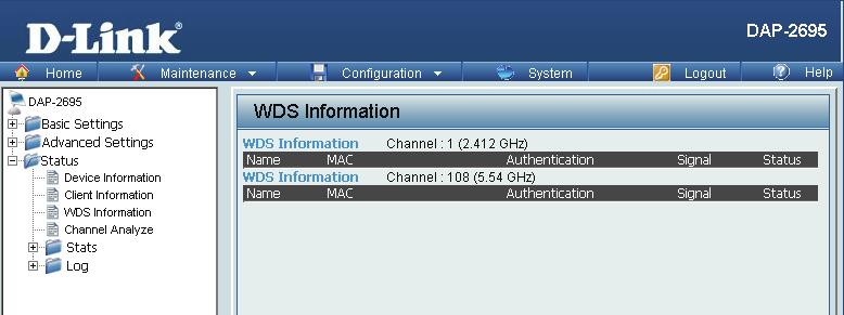 WDS Information Page This page displays the access points SSID, MAC, band, authentication method, signal strength, and status for the DAP-2695 s Wireless Distribution System network.