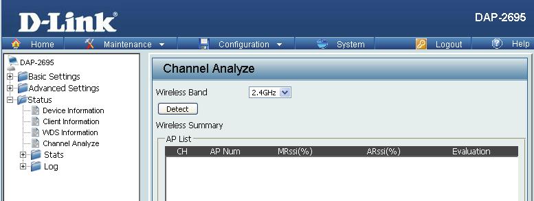 Channel Analyze Wireless Band: Detect: AP List: Select either 2.4Ghz or 5GHz.