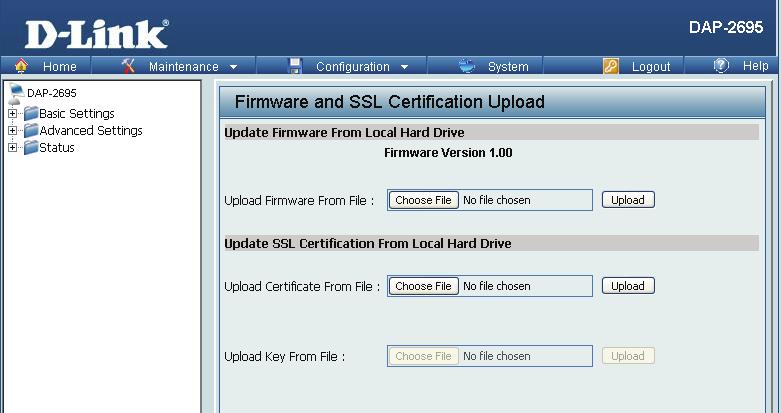 Firmware and SSL Upload This page allows the user to perform a firmware upgrade. A Firmware upgrade is a function that upgrade the running software used by the access point.