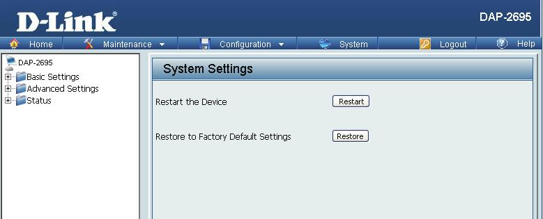 System Settings On this page the user can restart the unit, perform a factory reset of the access point or clear the added language pack.