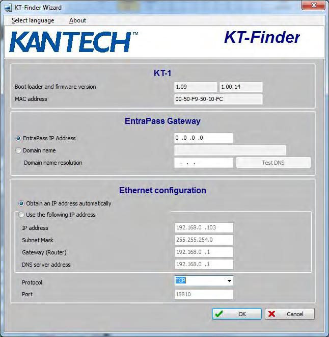 44 Configuring the KT-1 with the KT-Finder 7 - Enter the IP addresses. See the Entrapass Help Files for more information. 8 - Select a Protocol (UDP or TCP).