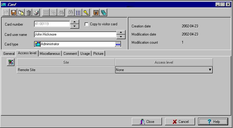 To assign an access level to a cardholder: 1 From the Card definition window, select the Access level tab. The Access level window appears, it displays the Site column and Access level drop down list.