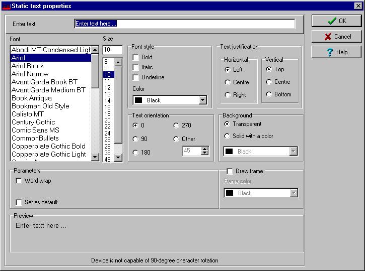 3 To add text to the text box, right-click the text box, then select Static text properties from the shortcut menu.