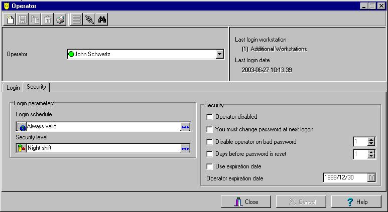 8 Click on the Security tab to set operator access parameters. 9 From the Login Schedule pull-down menu, select the schedule during which the operator will be allowed to login into the system.