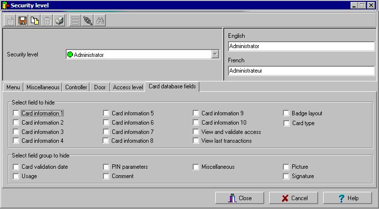To hide card information: 1 Select the Card database fields tab to limit the number of card fields which are visible to the operator who is assigned this security