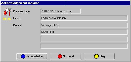 The red status button turns green once an alarm is acknowledged. Click the Suspend button to suspend alarms while doing other operations in the system.