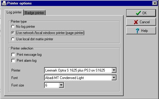 Selecting and Configuring Printers The Printer option menu allows users to select a log printer that will be used when printing events and to select a badge printer that will be used to print badges.