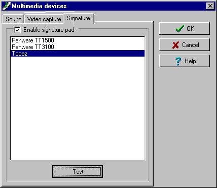 To set up the signature capture device: 1 From the Multimedia devices window, select the Signature tab. 2 Check the Enable Signature pad option to enable the use of a signature pad device.