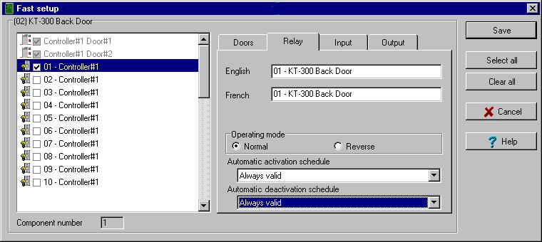3 Click the More button to define the other devices, such as doors, inputs, relays and outputs. NOTE: Components are listed in the left pane.