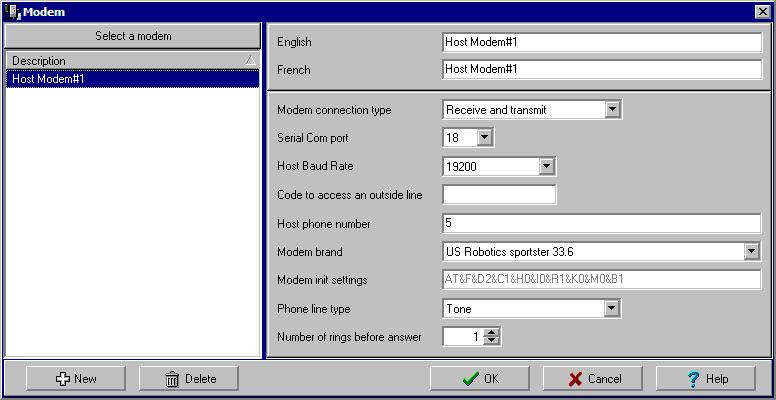 To configure modem parameters: 1 From the Gateway window, click the Host modem definition button (lower part of the window) to display the modem setup window.