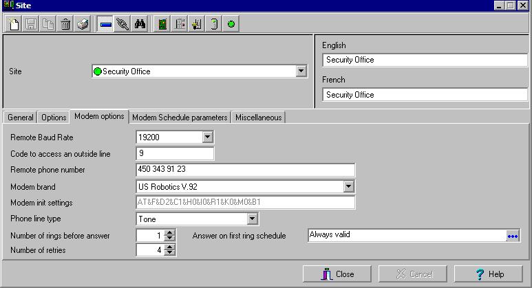 1 Select the Modem Options tab to set outgoing call behavior to site modem. 2 Enter Remote phone number and Code to access an outside line (if applicable).