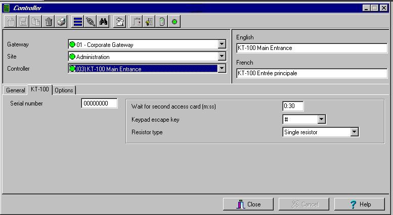 Configuring a KT-100 Controller Once the general parameters are defined, the Controller type tab is displayed. A KT-100 or KT200 or KT-300 tab appears beside the General tab.