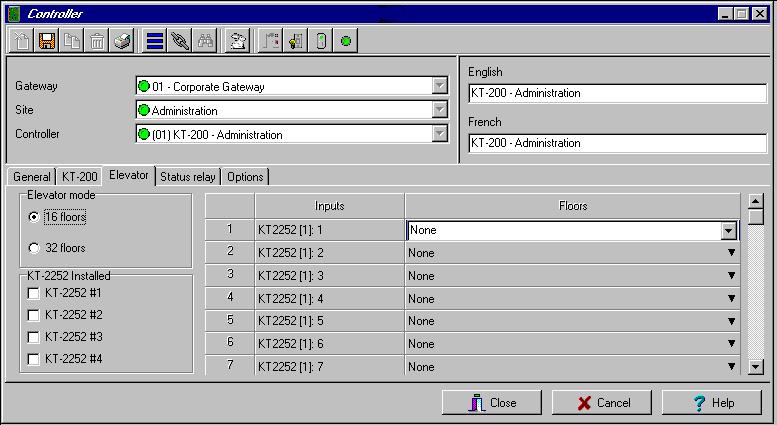 3 To configure elevator controllers, select the Elevator tab. When KT-2252 elevator controllers are used, the Elevator Mode section is enabled.
