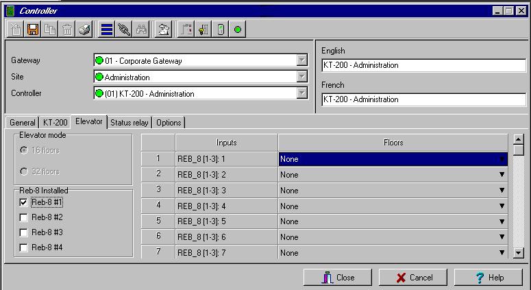 2 Select the Elevator tab to configure the REB-8 elevator controllers. Up to four REB-8 elevator controllers are supported. 3 Specify the number of REB-8 that are installed on the controller.
