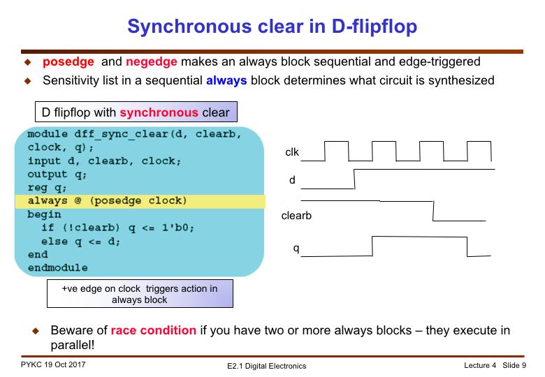 Therefore in Verilog, you specify flipflops using always block in conjunction with the keyword posedge or negedge.
