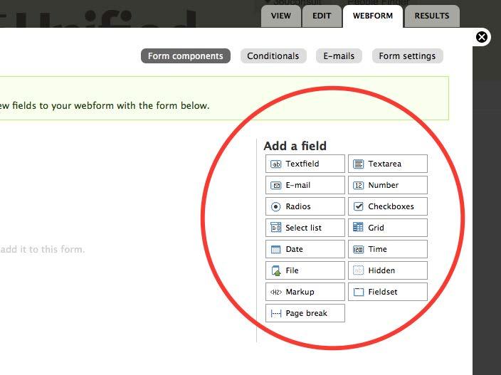 From here, you can choose other elements for your webform from the selection under Add a Field.