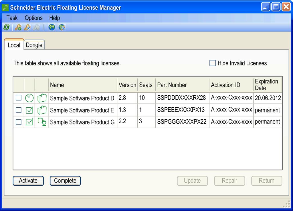 Main Dialog Box and Tabs Local Tab Introduction After starting the Schneider Electric Floating License Manager the main dialog box is displayed with the