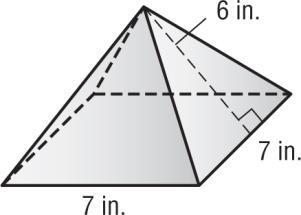 A. = 49 + 1 (28 6) P = 4(7) or 28, l = 6, B = 7 7 or 49 2 S.A. = 133 Simplify The surface area of the pyramid is 133 square inches.