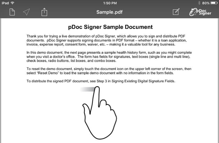 3.3 Reading PDF Documents The pdoc Signer App is designed to enable PDF documents to be electronically signed locally on an ipad in three easy steps (see sections 2.5 and 2.6).