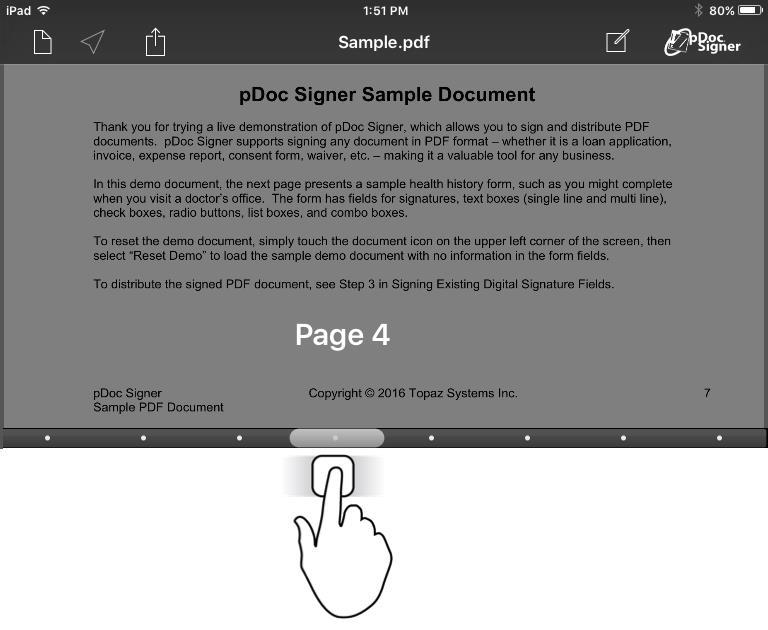 Page selection: Touch the dot that corresponds to the page you want to display, or if the document has a large number of pages touch the black scroll bar in the position of the page to be