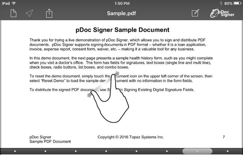 To zoom-in or zoom-out on a page, use the standard Apple pinch/zoom gestures.