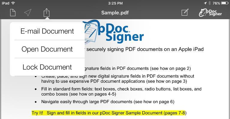 Note: Only apps supporting the PDF document format will be listed in the apps to choose from, when selecting the Open Document In option. Only a limited number of app entries are supported by Apple.
