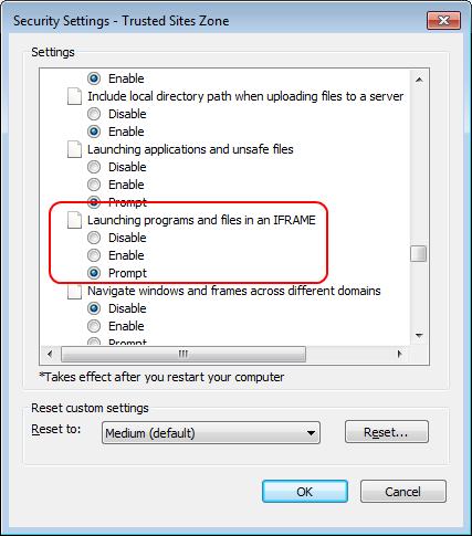 5. In the Security Settings Trusted Sites Zone dialog box, in the Miscellaneous section, under Launching programs and files in an IFRAME, select Enable, and then click OK. 6.