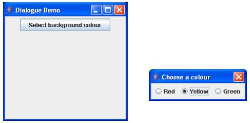 The JDialog class and the JRadioButton class a dialogue window is an alternative to a pop-up menu; the Swing class that we use to produce such a window is JDialog; it is useful for those occasions