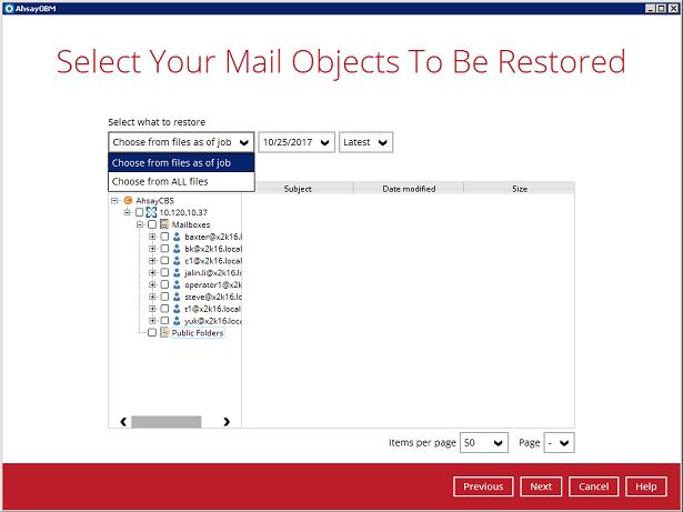 4. Click to expand the menu tree to select which mailbox to restore. You can also select mail item(s) from a specific backup job or all mail items that you have backed up to restore.