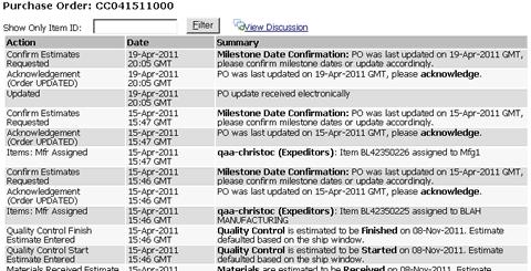 Figure 4: PO History E. View Discussion If the Customer allows Discussion on a PO, you can click View Discussion or Discuss PO to add any messages to the PO.
