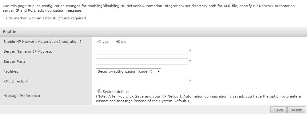 7 Integration with HP Network Automation Configure HP Network Automation in the Manager Task 1 Select Manage Integration HP Network Automation. Figure 7-1 Enable page The Enable page is displayed.