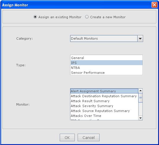 2 Integration with McAfee Global Threat Intelligence Network Security Platform-GTI integration for File Reputation 5 Select one of the following: Figure 2-22 Assign Monitor dialog Assign an existing