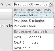 Figure 3-14 Date and time options in Network Forensics page The Show option helps you to select the Root Cause Analysis and Exposure Analysis options to analyze the network behavior of the endpoint