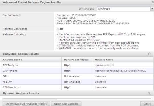 Integration with McAfee Advanced Threat Defense Analyze Malware Detections 3 View the McAfee Advanced Threat Defense specific details for a detected malware Similar to viewing the specific details