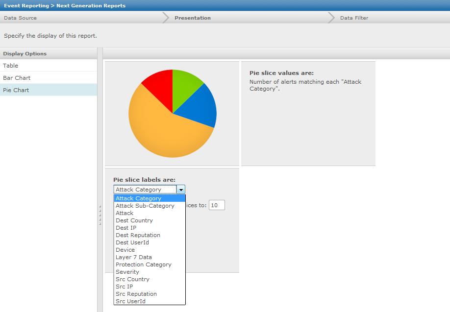 9 Integration with McAfee Logon Collector Communication error Option 3 When you select the Display Options as Pie Chart, the Pie Slice Labels section includes the Src UserID and Dest UserID options.