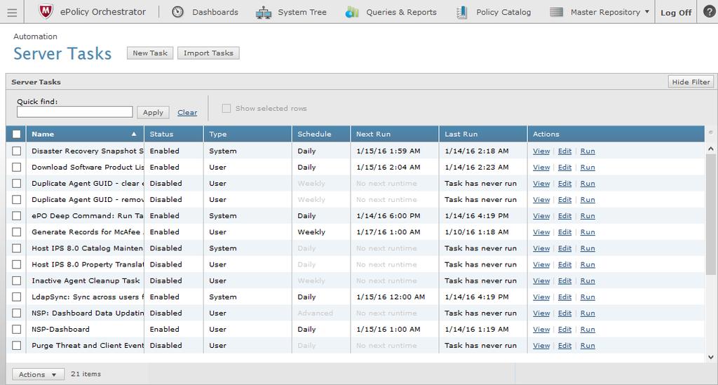 1 Integration with McAfee epo Network Security Platform dashboard in McAfee epo Task 1 From McAfee epo