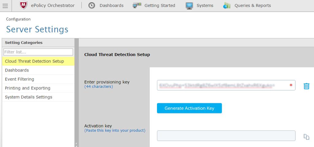 3 Integration with McAfee Cloud About McAfee Cloud Threat Detection 7 Copy and paste the Provisioning Key that you made note of from the Network Security Platform and select Generate Activation Key.