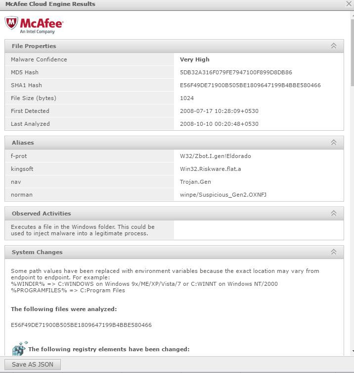 3 Integration with McAfee Cloud About McAfee Cloud Threat Detection View the McAfee CTD specific details for a detected malware. In the Malware Files page, click Cloud opens in a window.