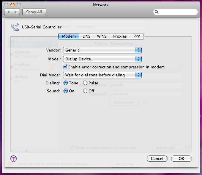 5. You can click on the Advanced button to set the correct modem vendor