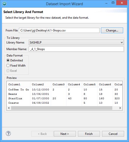 To import files: 1. Right-click the local server and select Import Dataset. The Dataset Import Wizard is launched. 2. Click Change next to the From File text box. 3.