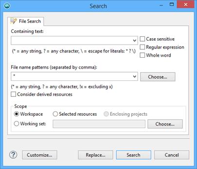 Containing text: You can use any of the wild cards that are listed in the dialog. File name patterns (separated by commas): After entering any of the listed wild card prefixes, you can click Choose.