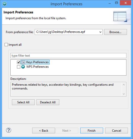 3. The Import Preferences dialog is displayed: 4. Ensure that WPS Preferences and/or Keys Preferences (refer to Shortcut Key Preferences) is ticked. 5.