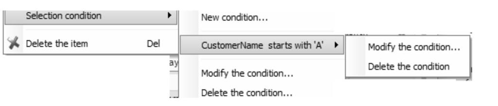 Tip: To add, modify or delete a selection condition in a select query, click the condition column of the query items and select the operation to perform in the following menu: 3.